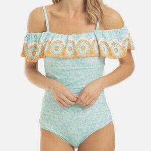 Cabana Life Ruffle Off Shoulder One-Piece Swimsuit Sz S Coastal Beach Cruise